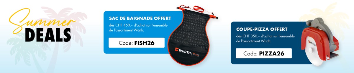 Würth Summer Deals 2026: Sac de baignade offert dès CHF 450.– avec le code FISH26 ou coupe-pizza offert dès CHF 350.– avec le code PIZZA26, valable du 1er juillet au 31 août 2026.